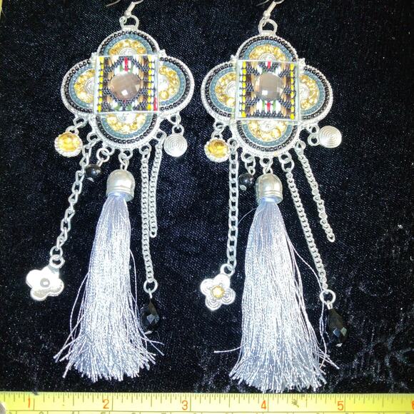 Iris Apfel & Bajalia Gray & Silver Embellished Tasseled HUGE Statement Earrings - Picture 6 of 11